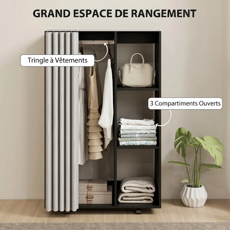 Armoire penderie sur roulettes 80 x 40 x 128 cm avec rideau et tringle stable contemporain en panneau de particules noir 21_0001650