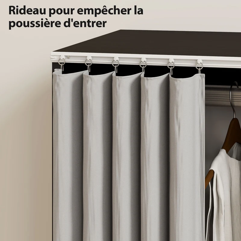 Armoire penderie sur roulettes 80 x 40 x 128 cm avec rideau et tringle stable contemporain en panneau de particules noir 21_0001650