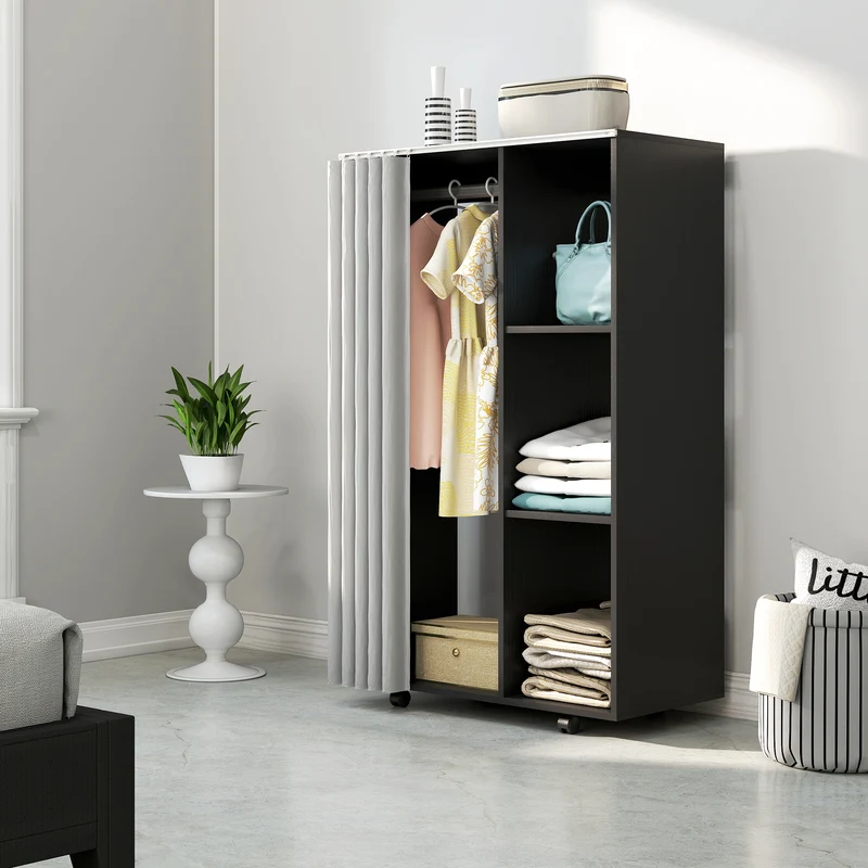 Armoire penderie sur roulettes 80 x 40 x 128 cm avec rideau et tringle stable contemporain en panneau de particules noir 21_0001650