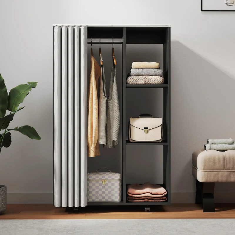 Armoire penderie sur roulettes 80 x 40 x 128 cm avec rideau et tringle stable contemporain en panneau de particules noir 21_0001650