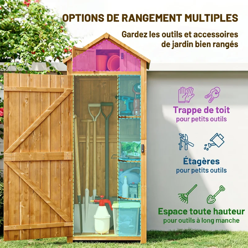 Armoire de jardin chalet 77 x 54 x 179 cm 3 étagères portes verrouillables usage extérieur style rustique en bois jaune 21_0004086