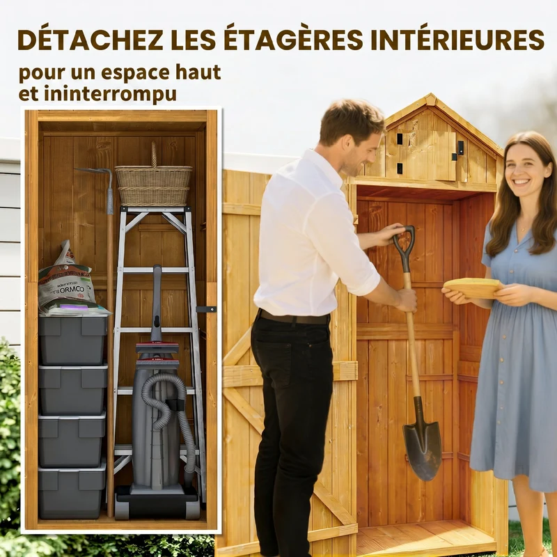 Armoire de jardin chalet 77 x 54 x 179 cm 3 étagères portes verrouillables usage extérieur style rustique en bois jaune 21_0004086
