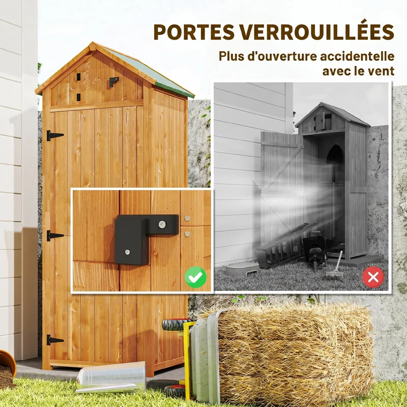 Armoire de jardin chalet 77 x 54 x 179 cm 3 étagères portes verrouillables usage extérieur style rustique en bois jaune 21_0004086