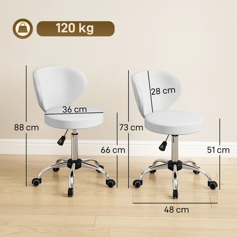 Tabouret de salon à roulettes 45 x 54 x 73-88 cm assise rembourrée 7 cm pivotant 360° confort moderne épuré en PU blanc 21_0000774