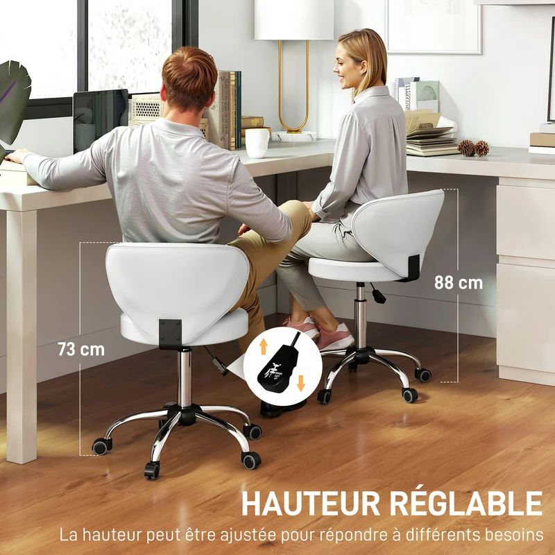 Tabouret de salon à roulettes 45 x 54 x 73-88 cm assise rembourrée 7 cm pivotant 360° confort moderne épuré en PU blanc 21_0000774
