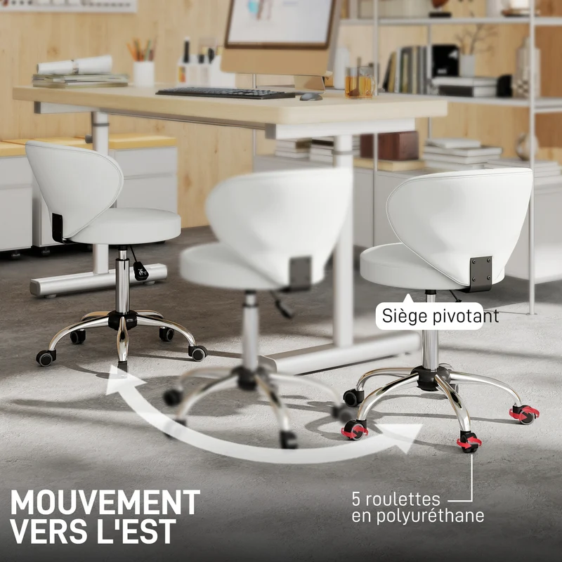 Tabouret de salon à roulettes 45 x 54 x 73-88 cm assise rembourrée 7 cm pivotant 360° confort moderne épuré en PU blanc 21_0000774