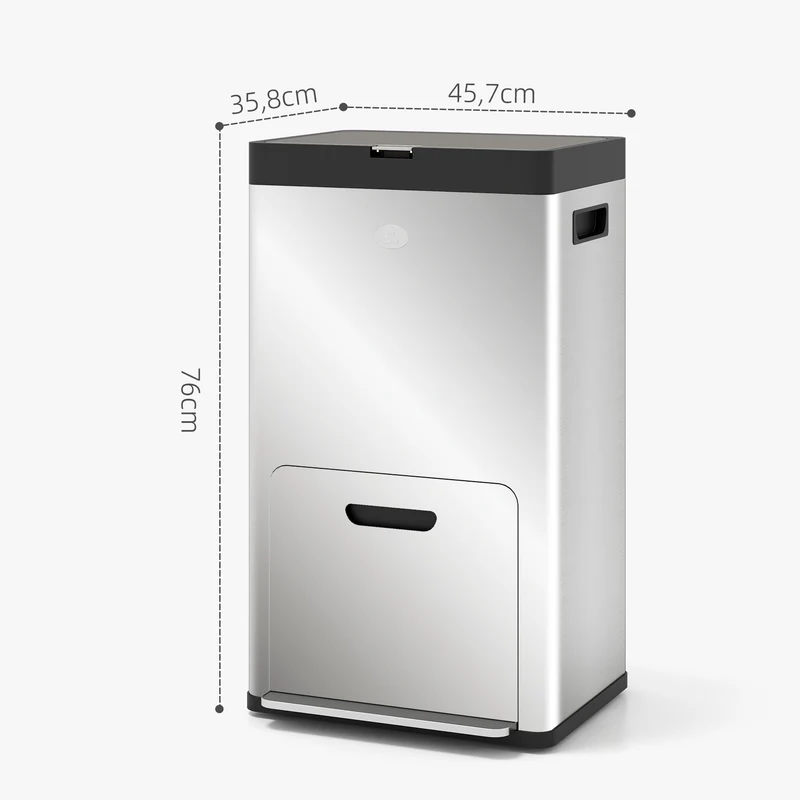 Poubelle rectangulaire cuisine 45.7 x 35.8 x 76 cm tri 3 compartiments fermeture douce épuré en acier inoxydable argent 21_0005921