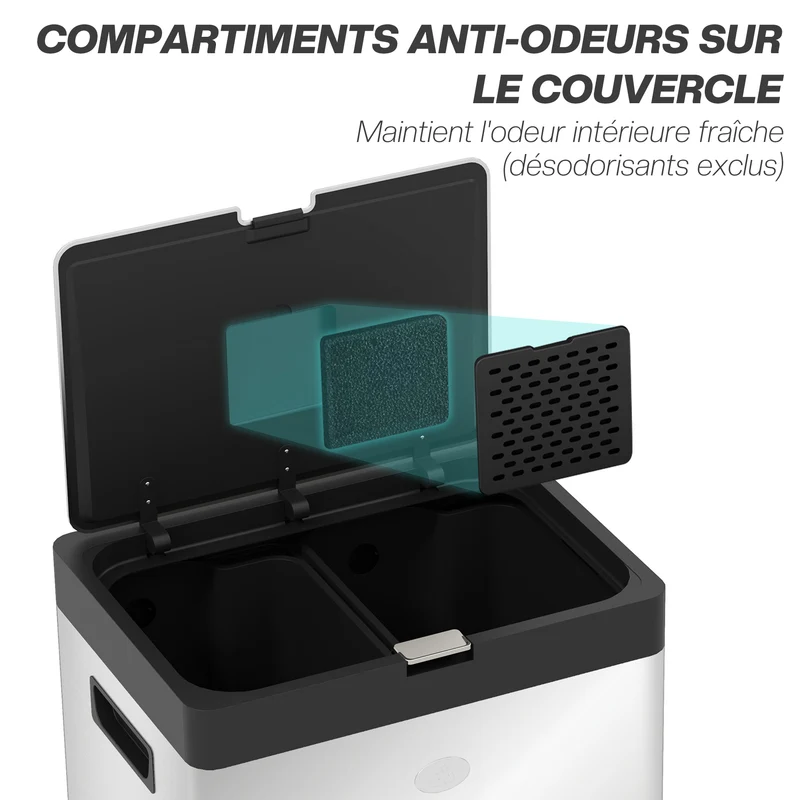 Poubelle rectangulaire cuisine 45.7 x 35.8 x 76 cm tri 3 compartiments fermeture douce épuré en acier inoxydable argent 21_0005921