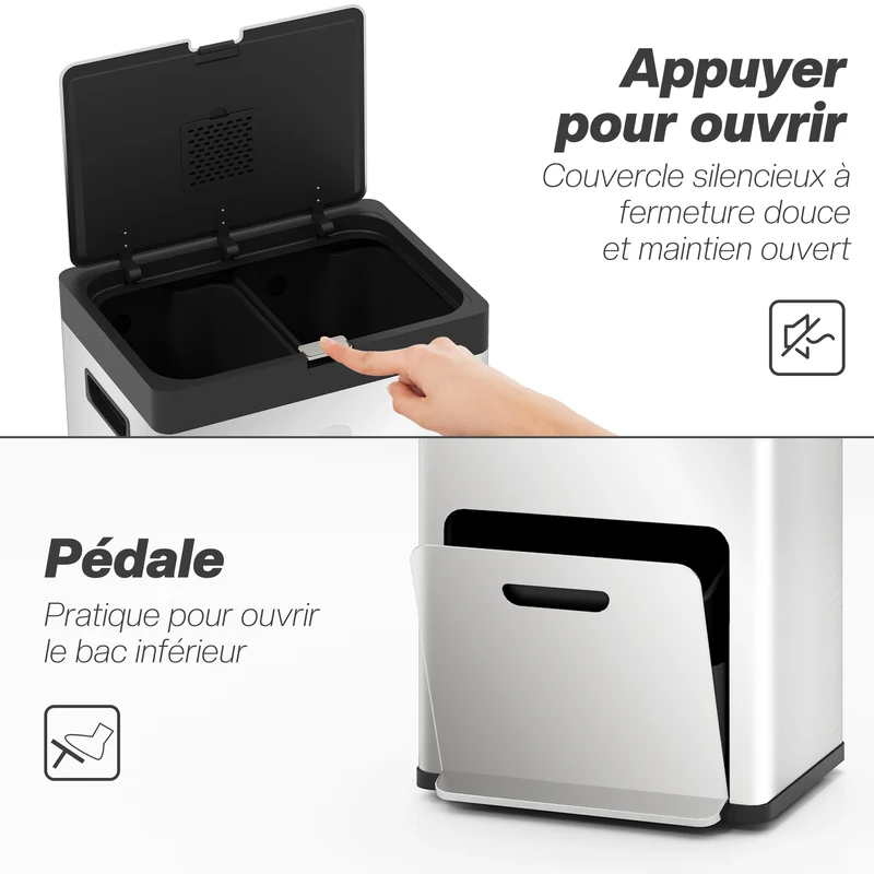 Poubelle rectangulaire cuisine 45.7 x 35.8 x 76 cm tri 3 compartiments fermeture douce épuré en acier inoxydable argent 21_0005921
