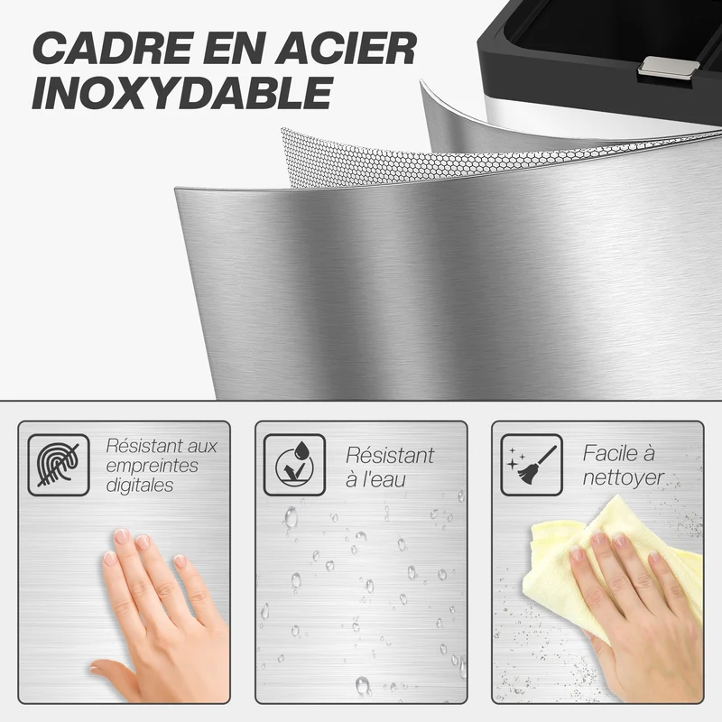 Poubelle rectangulaire cuisine 45.7 x 35.8 x 76 cm tri 3 compartiments fermeture douce épuré en acier inoxydable argent 21_0005921