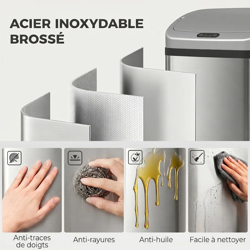 Poubelle de cuisine automatique 33 x 25 x 69 cm ouverture infrarouge fermeture douce moderne en acier inoxydable argenté 21_0005922