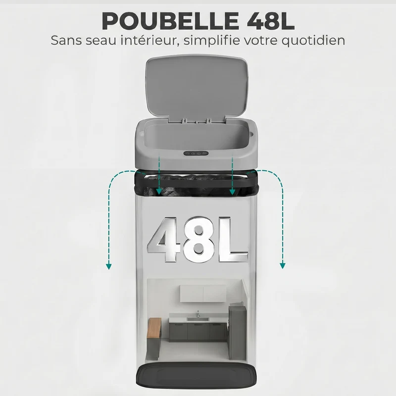 Poubelle de cuisine automatique 33 x 25 x 69 cm ouverture infrarouge fermeture douce moderne en acier inoxydable argenté 21_0005922