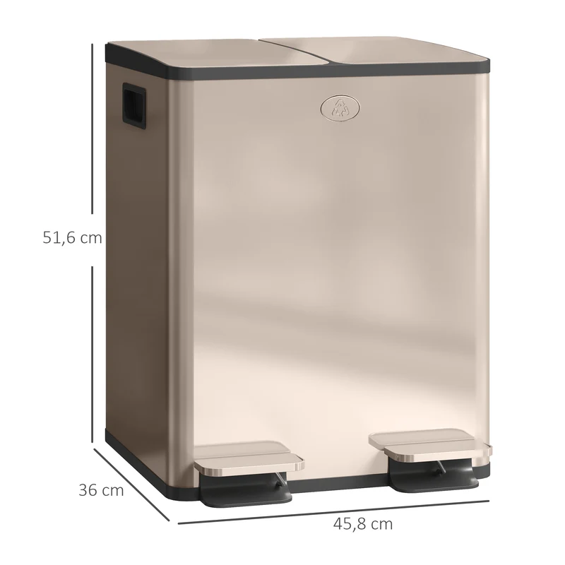 Poubelle de cuisine 2 compartiments tri sélectif 46 x 36 x 52 cm fermeture douce moderne épuré en acier inoxydable or 21_0005904
