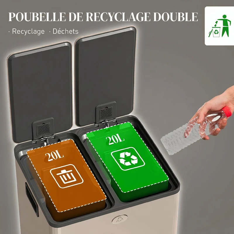 Poubelle de cuisine 2 compartiments tri sélectif 46 x 36 x 52 cm fermeture douce moderne épuré en acier inoxydable or 21_0005904