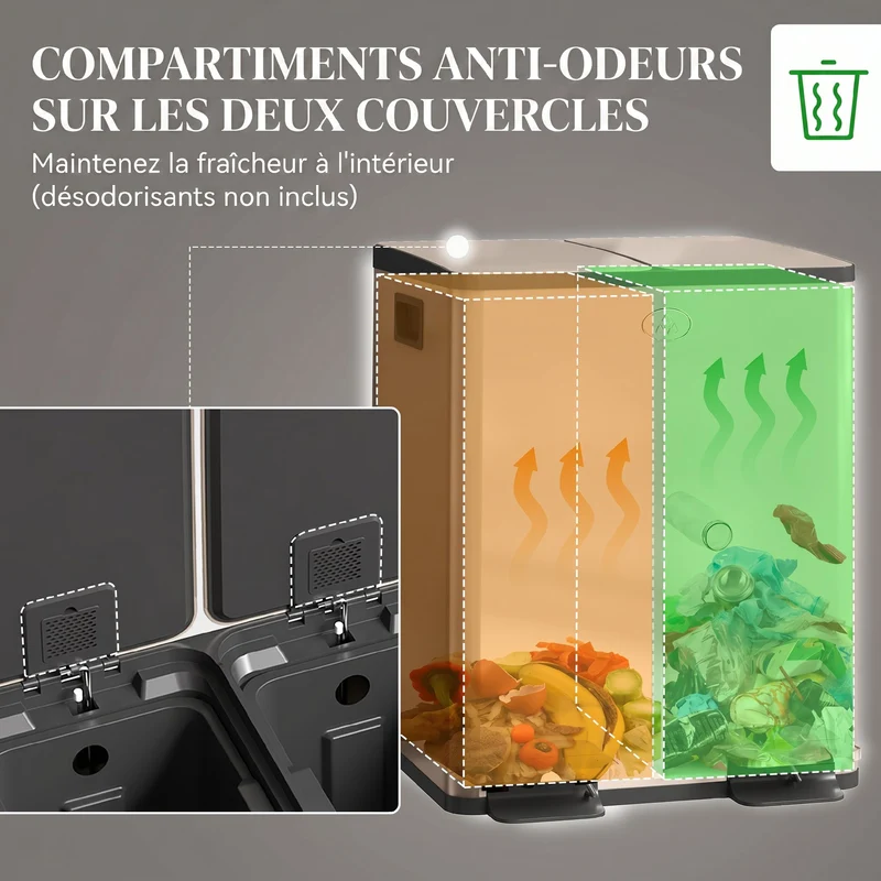 Poubelle de cuisine 2 compartiments tri sélectif 46 x 36 x 52 cm fermeture douce moderne épuré en acier inoxydable or 21_0005904