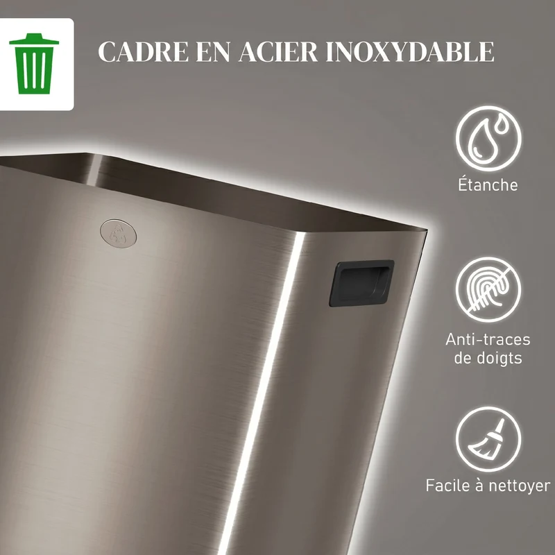 Poubelle de cuisine 2 compartiments tri sélectif 46 x 36 x 52 cm fermeture douce moderne épuré en acier inoxydable or 21_0005904