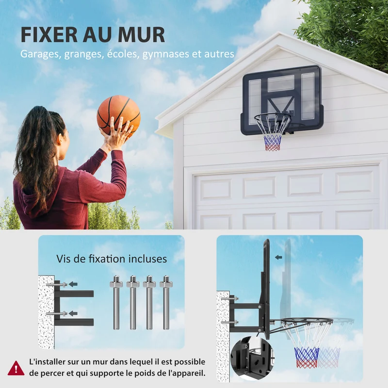Panier de basket mural 110 x 75 x 23 cm panneau incassable cerceau acier pliable terrasse utile moderne en acier noir 21_0006616