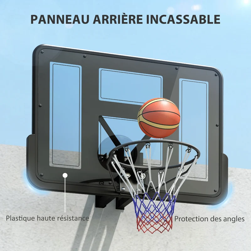 Panier de basket mural 110 x 75 x 23 cm panneau incassable cerceau acier pliable terrasse utile moderne en acier noir 21_0006616