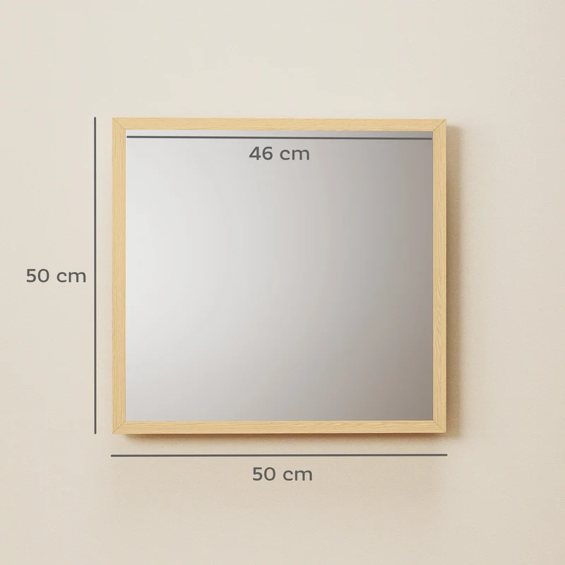 Miroir mural carré 50 x 50 cm illumine fixation double style moderne épuré élégant salon chambre en MDF bois naturel 21_0001351