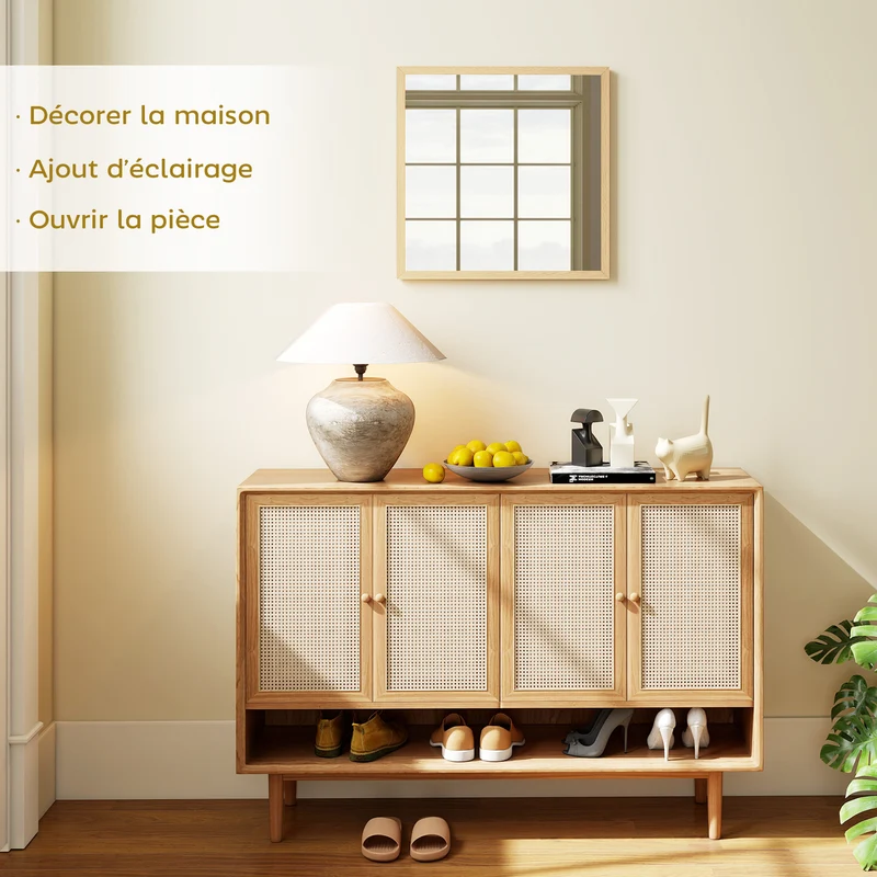 Miroir mural carré 50 x 50 cm illumine fixation double style moderne épuré élégant salon chambre en MDF bois naturel 21_0001351