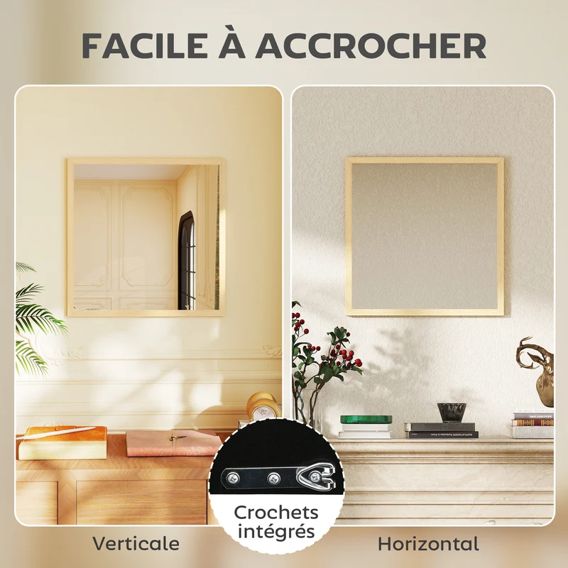 Miroir mural carré 50 x 50 cm illumine fixation double style moderne épuré élégant salon chambre en MDF bois naturel 21_0001351
