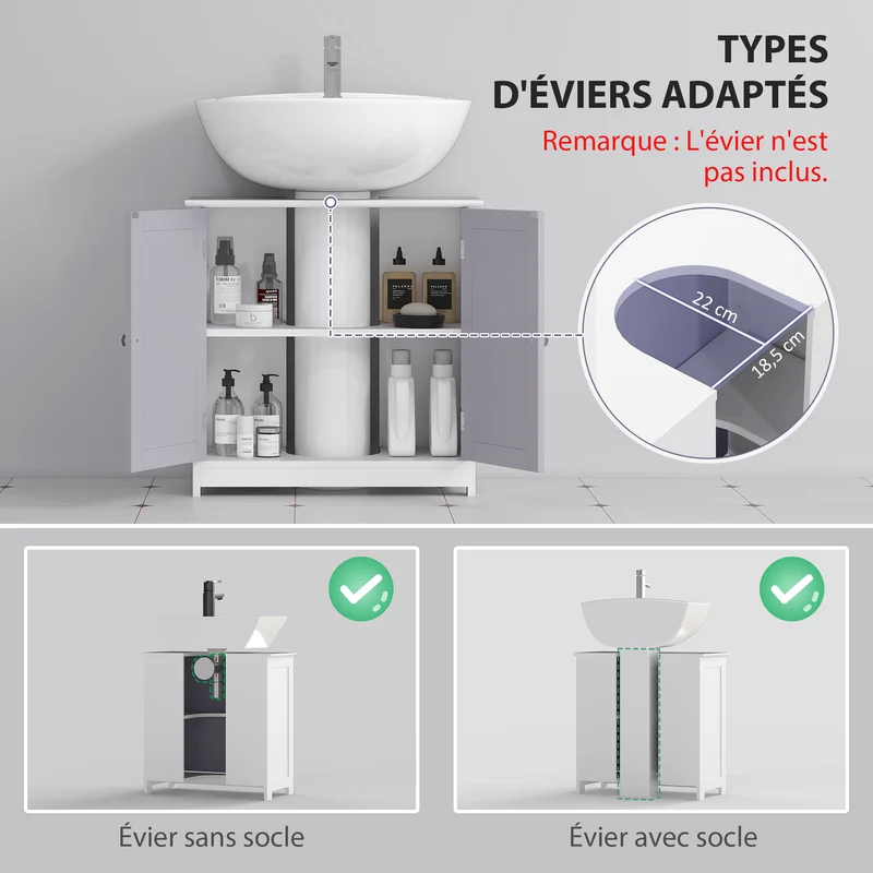Meuble sous lavabo sur pied 60 x 30 x 60 cm grand rangement découpe pour siphon style contemporain épuré en MDF gris 21_0001878