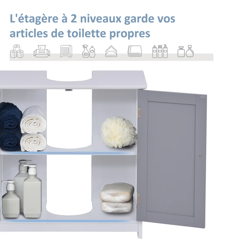 Meuble sous lavabo sur pied 60 x 30 x 60 cm grand rangement découpe pour siphon style contemporain épuré en MDF gris 21_0001878