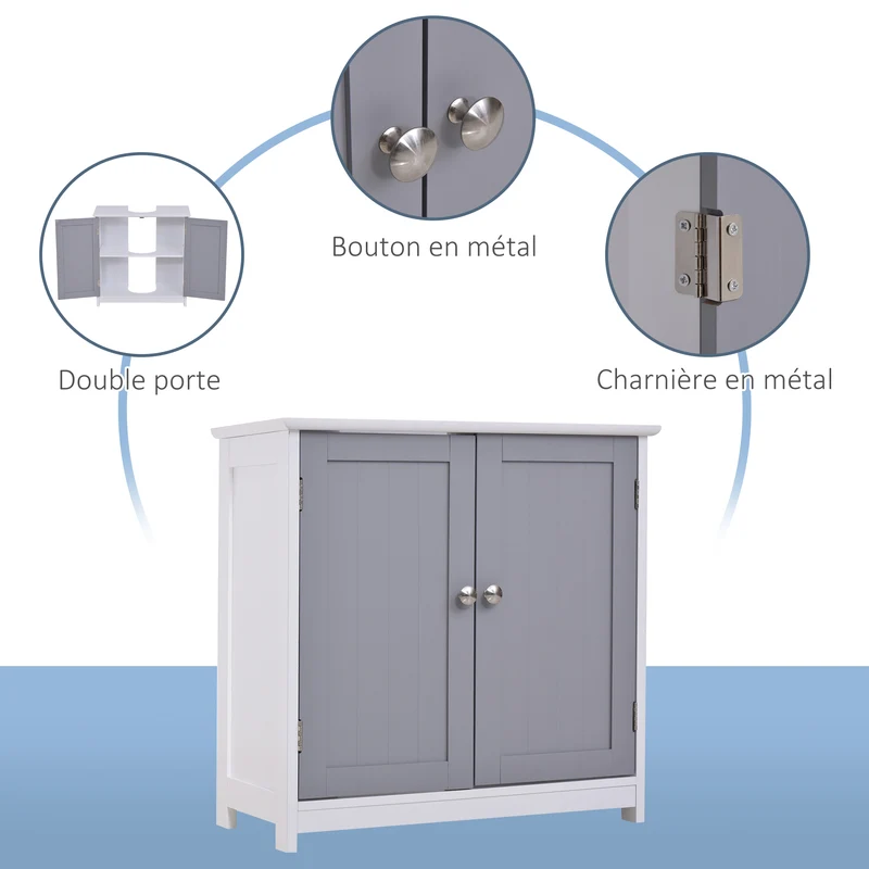 Meuble sous lavabo sur pied 60 x 30 x 60 cm grand rangement découpe pour siphon style contemporain épuré en MDF gris 21_0001878