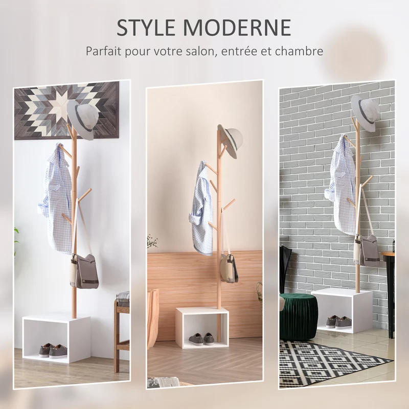 Meuble de rangement porte-manteaux 2 en 1 banc intégré 40 x 30 x 180 cm gain de place élégant scandinave en MDF blanc 21_0001435