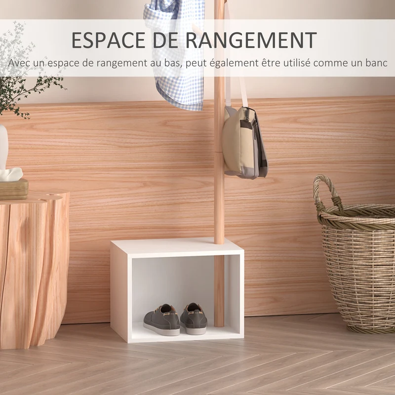 Meuble de rangement porte-manteaux 2 en 1 banc intégré 40 x 30 x 180 cm gain de place élégant scandinave en MDF blanc 21_0001435