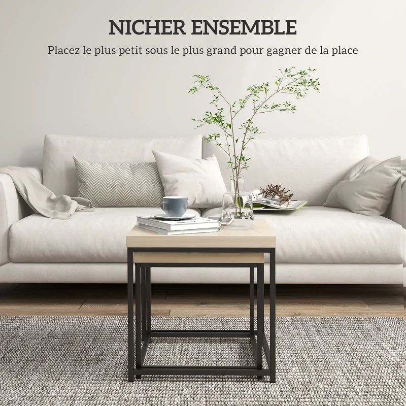 Lot de 2 tables gigognes carrées salon 45 x 45 x 45 cm encastrables modulables moderne en panneaux de particules naturel 21_0003157