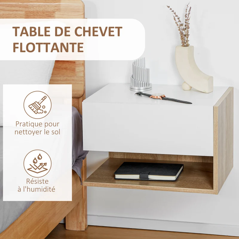 Lot de 2 tables de chevet murales flottantes tiroir étagère 46 x 30 x 30 cm contemporain en panneaux de particules blanc 21_0001461