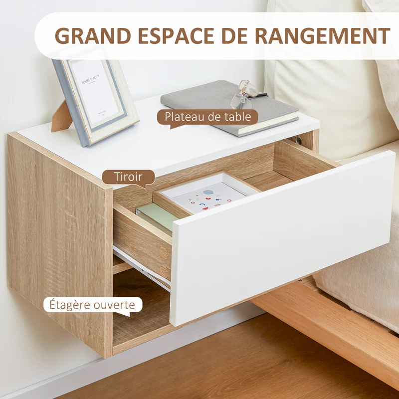 Lot de 2 tables de chevet murales flottantes tiroir étagère 46 x 30 x 30 cm contemporain en panneaux de particules blanc 21_0001461