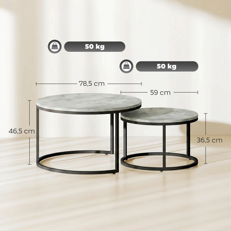 Lot de 2 tables basses gigognes empilables 78.5 x 78.5 x 46.5 cm gain de place style moderne salon chambre en MDF gris 21_0001814