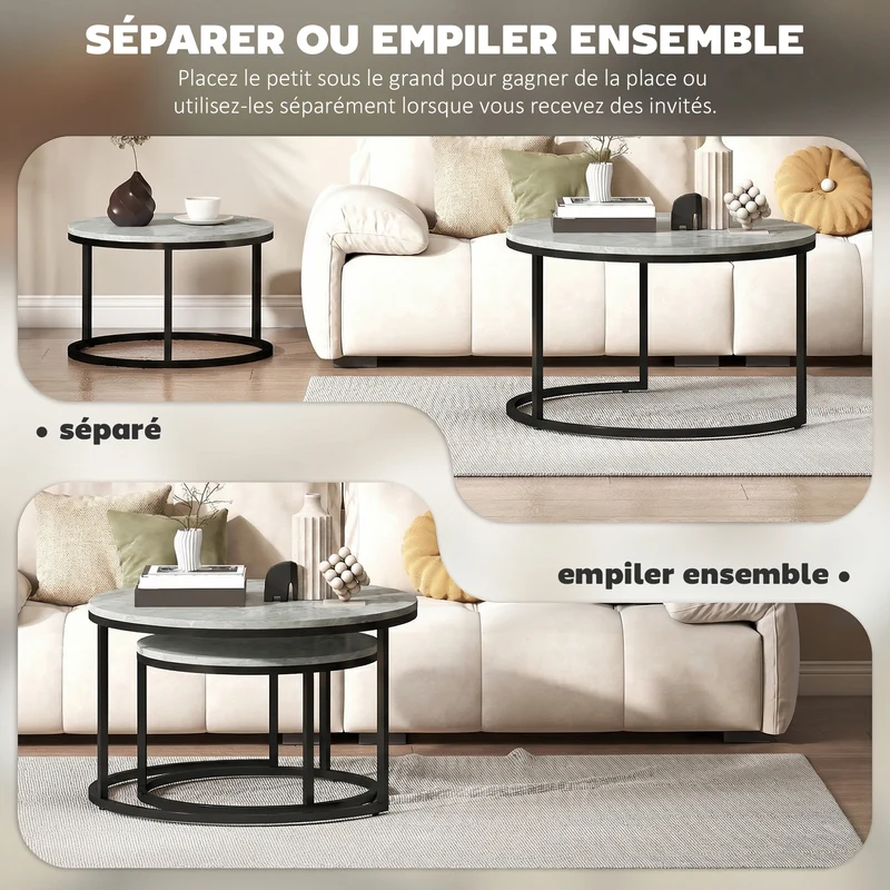 Lot de 2 tables basses gigognes empilables 78.5 x 78.5 x 46.5 cm gain de place style moderne salon chambre en MDF gris 21_0001814