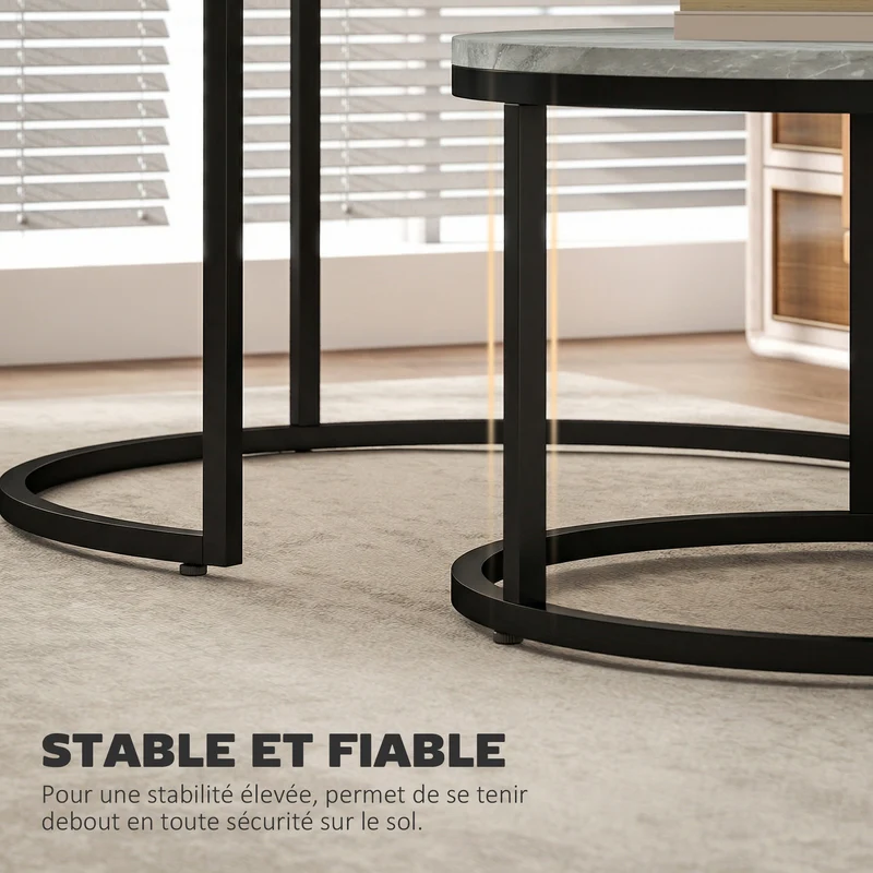 Lot de 2 tables basses gigognes empilables 78.5 x 78.5 x 46.5 cm gain de place style moderne salon chambre en MDF gris 21_0001814