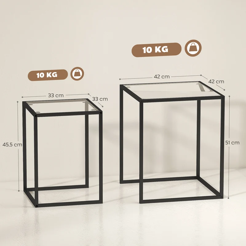 Lot de 2 tables basses gigognes emboîtables 42 x 42 x 51 cm et 33 x 33 x 45.5 cm salon design épuré en verre trempé noir 21_0003146