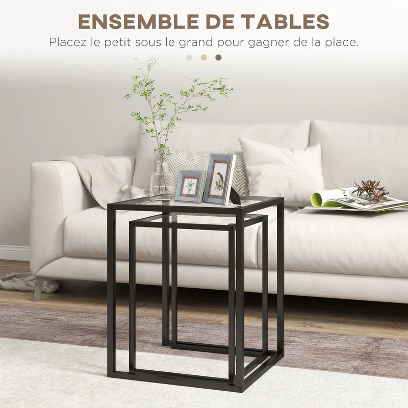 Lot de 2 tables basses gigognes emboîtables 42 x 42 x 51 cm et 33 x 33 x 45.5 cm salon design épuré en verre trempé noir 21_0003146