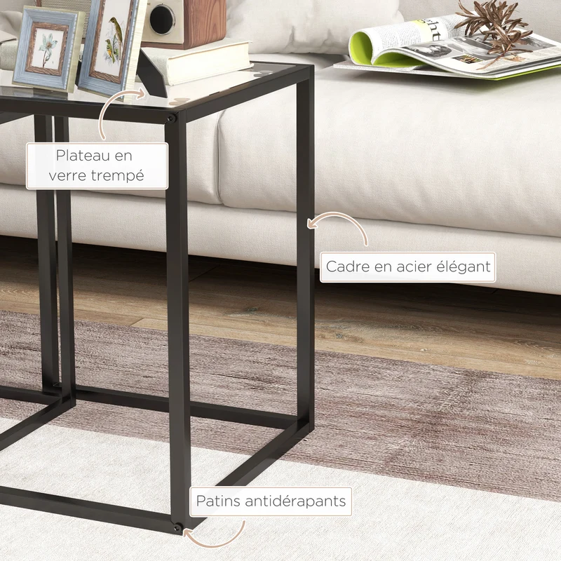 Lot de 2 tables basses gigognes emboîtables 42 x 42 x 51 cm et 33 x 33 x 45.5 cm salon design épuré en verre trempé noir 21_0003146