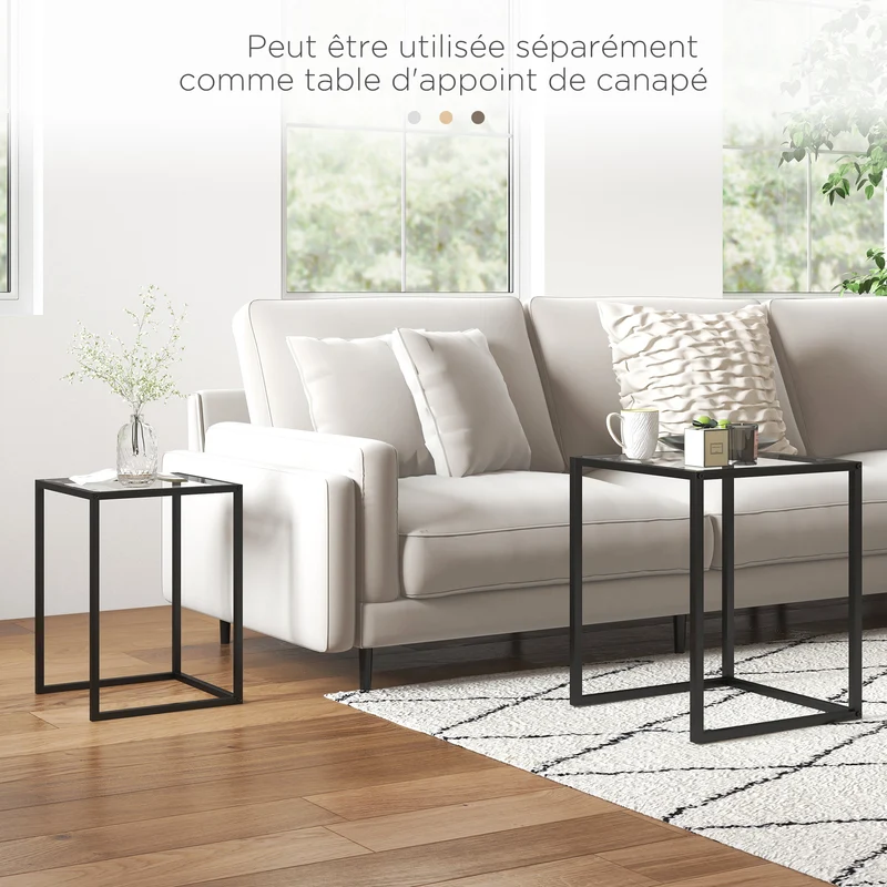 Lot de 2 tables basses gigognes emboîtables 42 x 42 x 51 cm et 33 x 33 x 45.5 cm salon design épuré en verre trempé noir 21_0003146