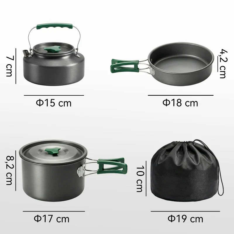 Kit de casseroles camping empilable 19 x 19 x 10 cm antiadhésif rapide pour 2 personnes minimaliste en aluminium gris 21_0001077