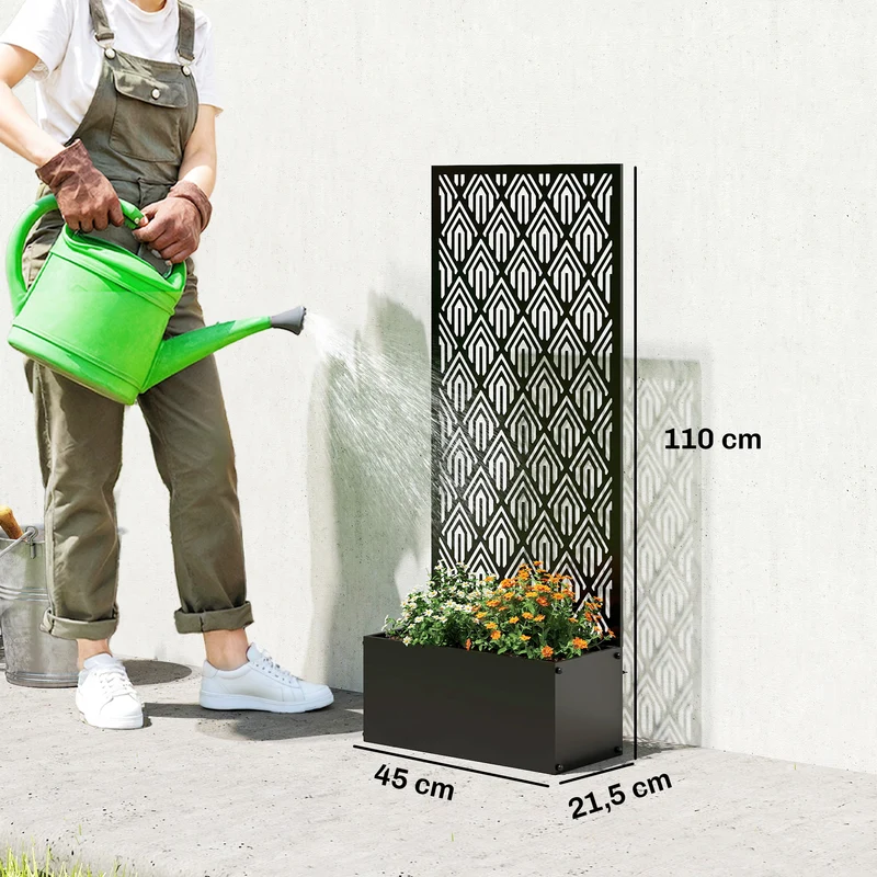 Jardinière treillis surélevée pour plantes grimpantes 45 x 21,5 x 110 cm drainage intégré paravent design en métal noir 21_0005642