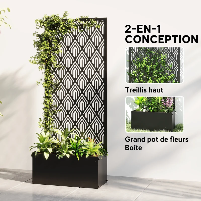Jardinière treillis surélevée pour plantes grimpantes 45 x 21,5 x 110 cm drainage intégré paravent design en métal noir 21_0005642