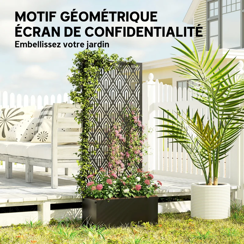 Jardinière treillis surélevée pour plantes grimpantes 45 x 21,5 x 110 cm drainage intégré paravent design en métal noir 21_0005642