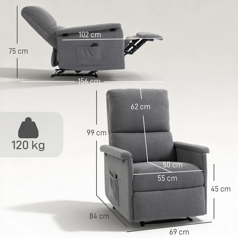 Fauteuil inclinable salon 69 x 84 x 99 cm massage vibrant dossier réglable 135° contemporain cosy en tissu polaire gris 21_0000836