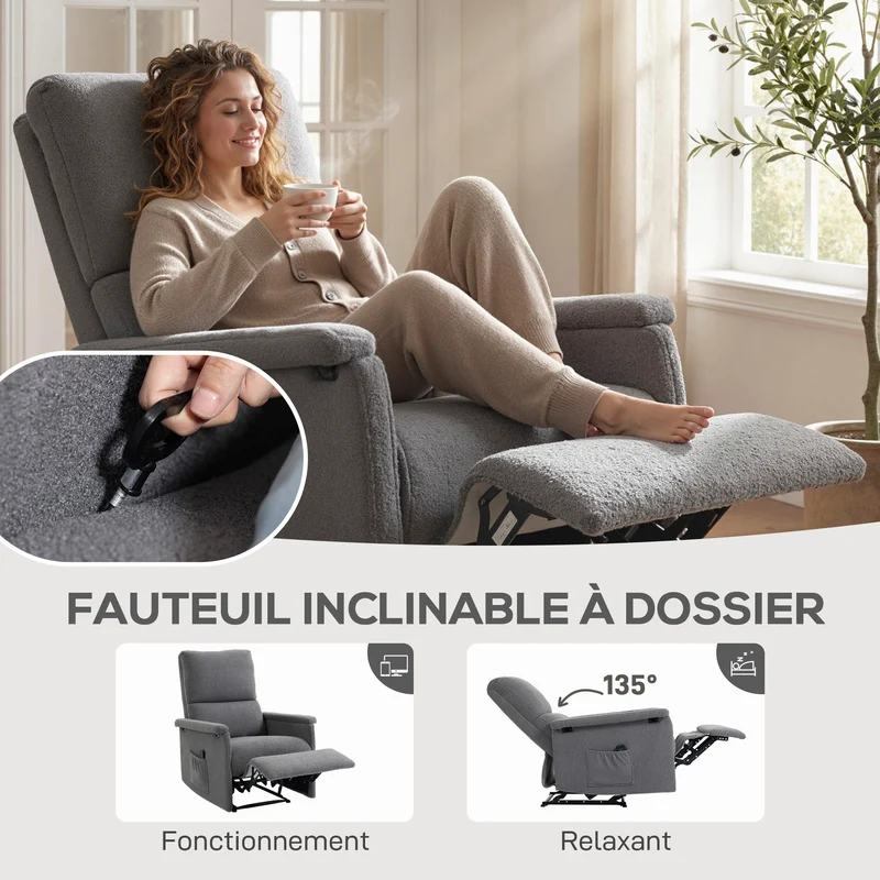 Fauteuil inclinable salon 69 x 84 x 99 cm massage vibrant dossier réglable 135° contemporain cosy en tissu polaire gris 21_0000836
