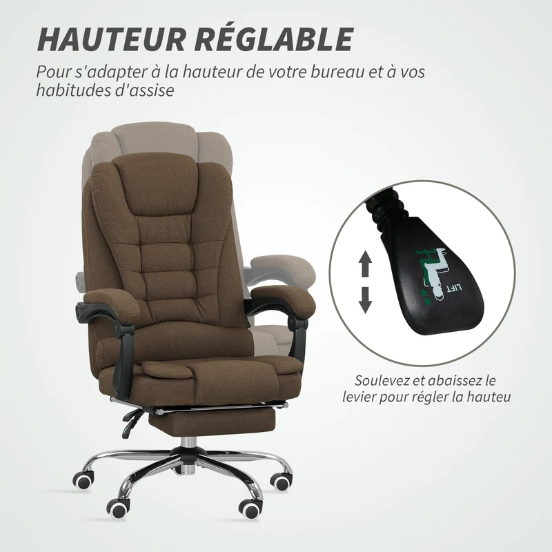 Fauteuil de bureau 65 x 70 x 110-118 cm hauteur réglable et dossier inclinable design contemporain en polyester marron 21_0006163