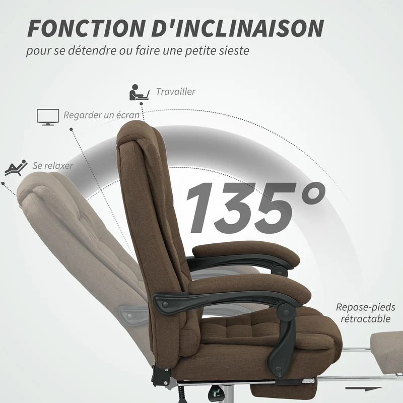 Fauteuil de bureau 65 x 70 x 110-118 cm hauteur réglable et dossier inclinable design contemporain en polyester marron 21_0006163