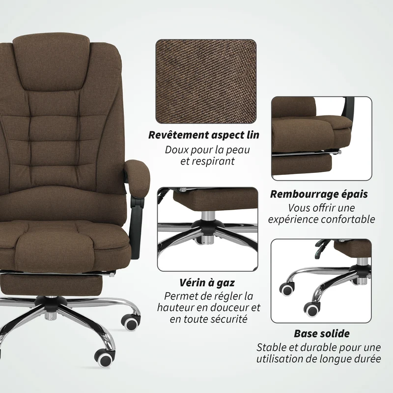 Fauteuil de bureau 65 x 70 x 110-118 cm hauteur réglable et dossier inclinable design contemporain en polyester marron 21_0006163