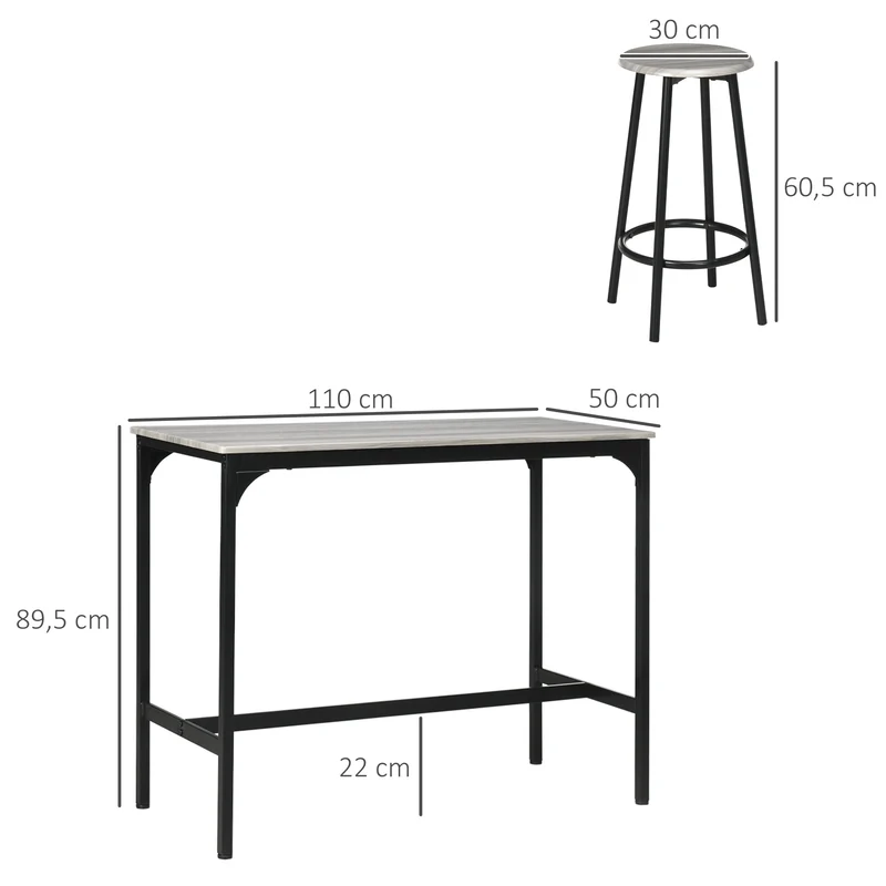 Ensemble table haute 4 tabourets 110 x 50 x 89.5 cm gain de place assise confortable pratique style moderne en MDF gris 21_0002328